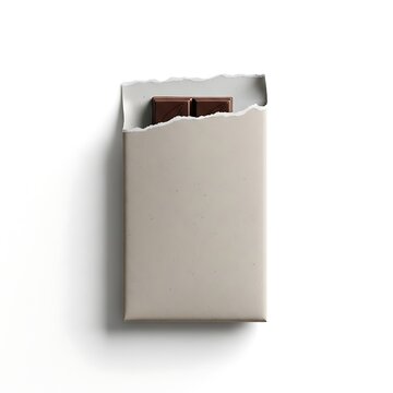 An open beige wrapper revealing a single chocolate bar inside