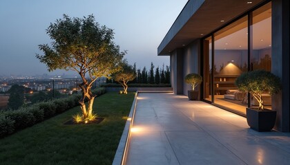Obraz premium Minimalist rooftop terrace with trees and potted plants. Modern exterior with concrete path and ambient lighting overlooks city skyline at dusk. Luxury living space with large glass windows.