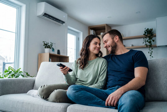 Happy young couple relaxing on a sofa watching television in a modern living room at home