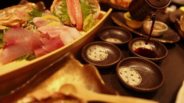 Pouring Soy Sauce for a Fresh Japanese Sashimi Boat Platter