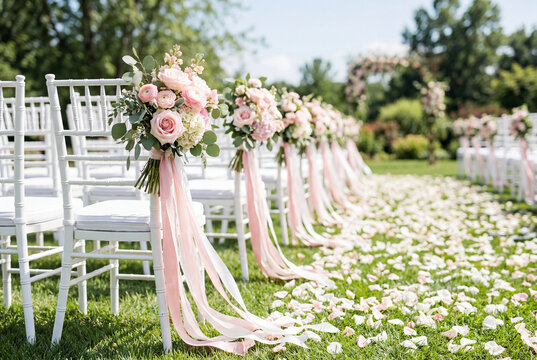 Elegant white chiavari chairs with pink floral decor line a grass aisle for an outdoor wedding
