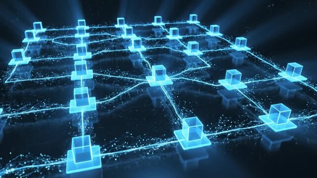 Futuristic network technology digital grid with glowing blue cubes, data connection, blockchain integration, abstract cyber communication, virtual 3D innovation, seamless modern infrastructure