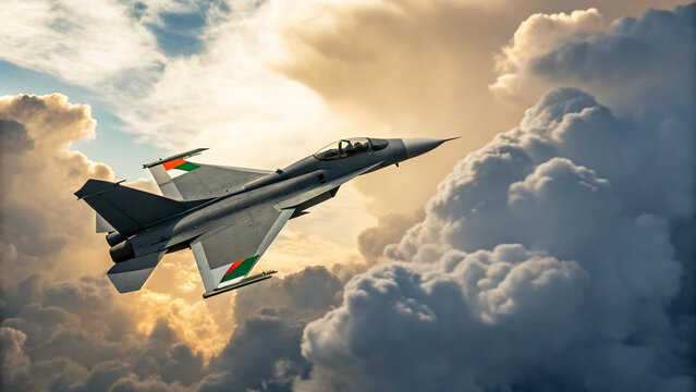 Indian air force fighter jet soars with national flag in dramatic sky