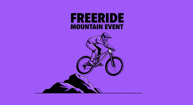 Freeride Mountain Bike Event: Action Silhouette of a Rider Jumping Over Terrain on Violet Background