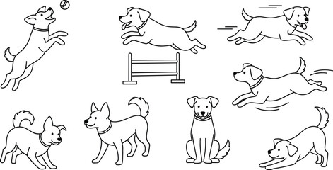 Fototapeta premium Dog outline set with different actions including running jumping playing and sitting, minimal line vector illustration collection of active pets