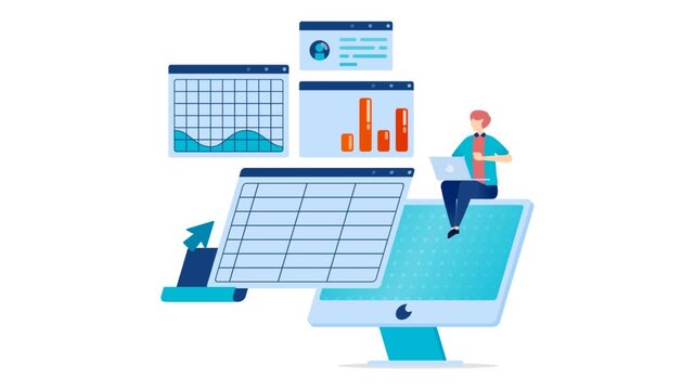 Monitor desk displaying accounting and financial software with spreadsheet dashboard for business analysis and reporting workflow video animation motion graphic concept