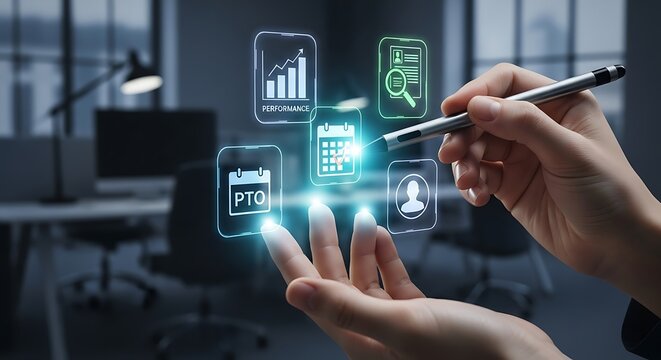 Female hands interacting with glowing holographic human resources and employee benefits icons, representing modern workforce management and performance tracking in an office setting.