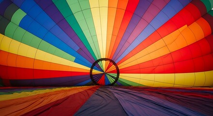 Fototapeta premium Inside of a colorful hot air balloon with rainbow striped fabric radiating from a central wheel pattern.