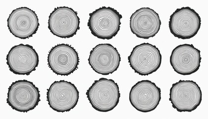 Naklejka premium Collection of tree trunk cross sections with visible growth rings. Organic circular wood patterns arranged symmetrically on white background. Natural abstract design elements for print.