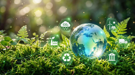 Sustainable supply chain logistics nature globe ecology icon glow on green moss forest background