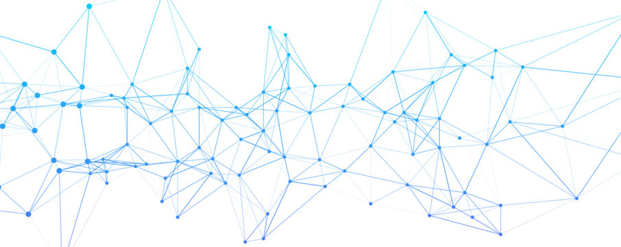 Abstract blue network pattern with connected dots and lines representing technology, data, global communication, and innovative science concepts.