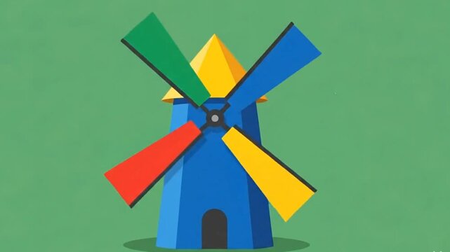 Vibrant cartoon illustration of a traditional windmill with multicolored blades set against a simple green background, evoking a playful and energetic feel in a flat design style