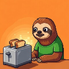 Fototapeta premium Pixelated sloth gazes intently at freshly toasted bread popping out of a kitchen appliance