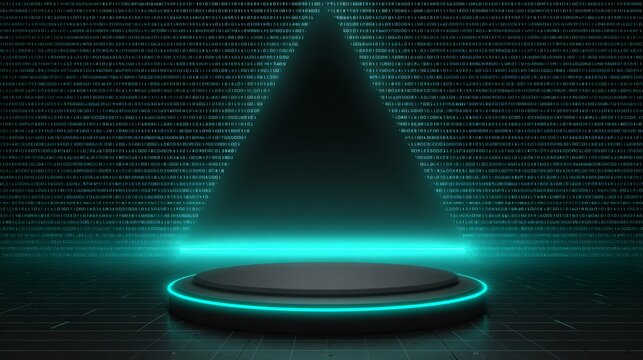 Glowing neon blue podium with spotlight on dark background with binary code futuristic presentation stage with illuminated circle and triangle beam