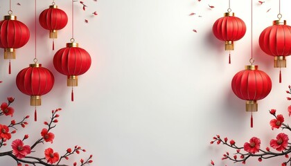 Fototapeta premium Red lanterns and red flowers hang on branches against a white background. This image is perfect for celebrations, festivals, and new year themes. Space for text.