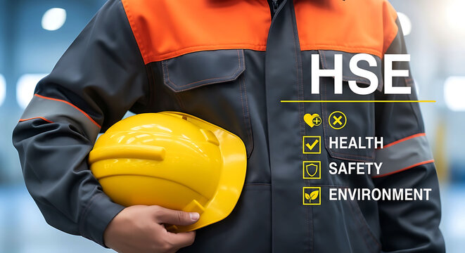 Construction worker holding yellow hard hat with HSE health safety environment sign
