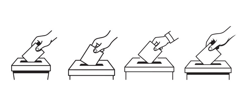Illustration of hands putting ballots into ballot boxes representing the voting process.