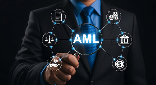 Businessman holding magnifying glass over AML anti money laundering icon