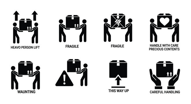 Various black and white shipping and handling symbols for packaging