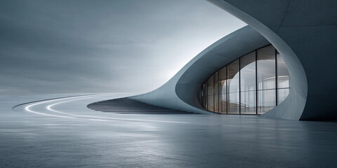Fototapeta premium Modern Minimalist Futuristic Architecture with Organic Concrete Curves, Glass Facade and Glowing Light Path at Twilight Background