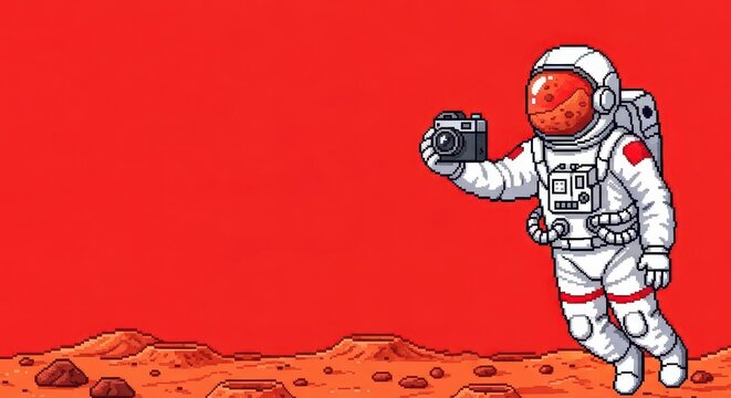 Pixelated astronaut captures an image while floating above a rocky planetary surface under a vibrant red sky