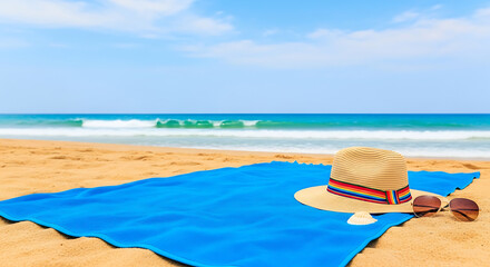 Obraz premium Vibrant azure fabric textile spread across golden sand alongside a straw sunhat, capturing the essence of a serene tropical vacation at a sun-drenched coastline during a warm seasonal holiday.
