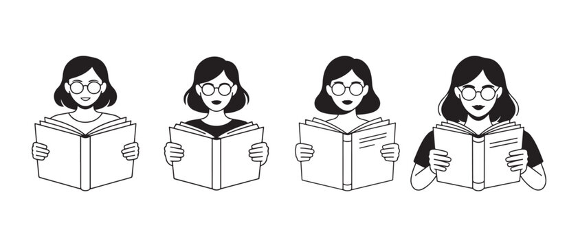 Black and white illustration of women with glasses reading books, depicting education, learning, and intellectual study.