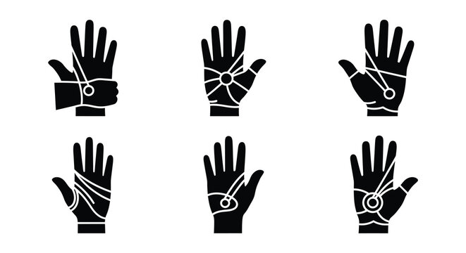 Various depictions of injured hands with bandages and broken bones