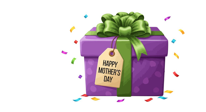 Purple gift box with green bow and happy mothers day tag and confetti around
