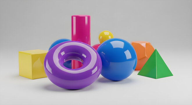 Brightly Colored 3D Rendered Geometric Shapes Collection on Light Grey Background