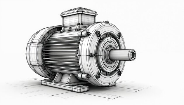 Electric motor blueprint sketch shows detailed industrial machinery component. Technical drawing outlines electric power device. Engineering design graphic on white background.