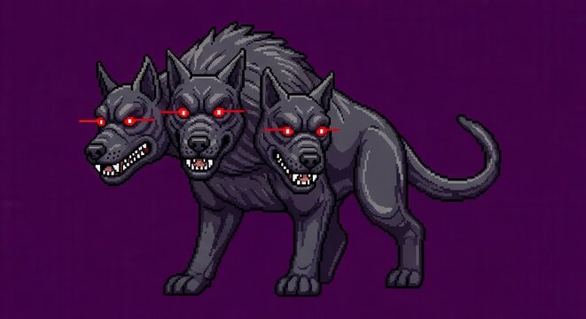 Monstrous three-headed canine creature depicted in retro pixel art style