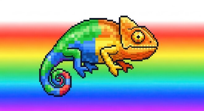 Pixelated reptile displays a vibrant spectrum of colors against a rainbow gradient background