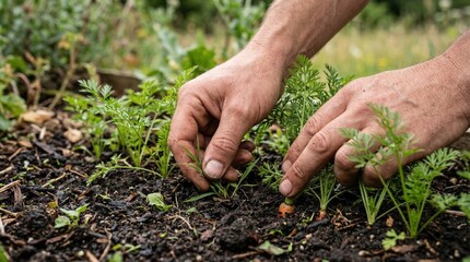 Close up hands weeding young carrot plants in organic garden soil during sunny day for sustainable food growth and farming © Muktalal
