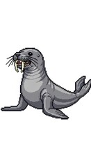 Fototapeta premium Pixel art illustration depicts a marine mammal with prominent tusks resting on a solid background.