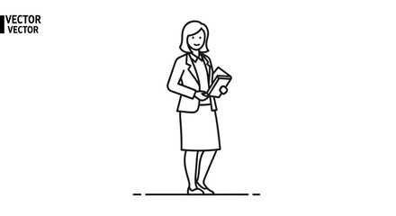 Fototapeta premium Businesswoman holding documents, standing professional woman, office worker, line art illustration