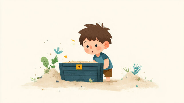 Cute cartoon boy discovering a treasure chest buried in the sand