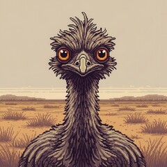 Detailed pixel art portrait depicts a large flightless bird in a dry landscape