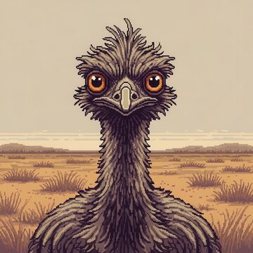 Detailed pixel art portrait depicts a large flightless bird in a dry landscape
