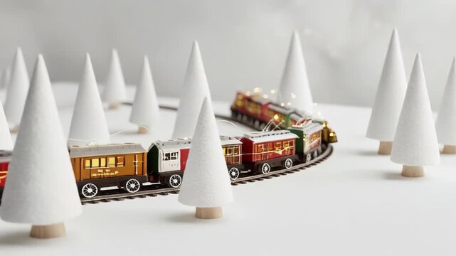 A toy train with red, yellow, and green cars passes by small, white, cone-shaped trees on a track