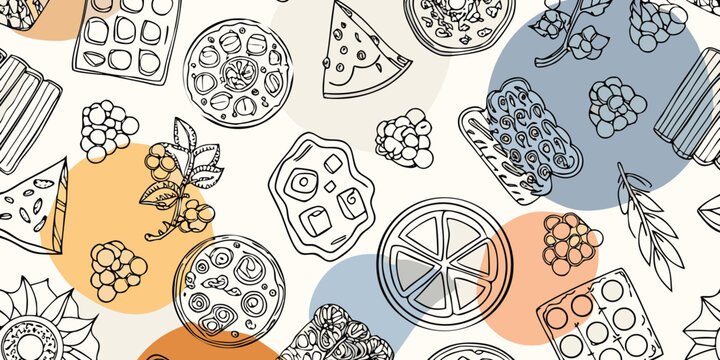 A colorful hand drawn pattern of cheese fruit and floral elements