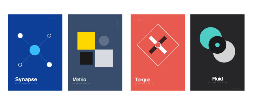 Modern abstract geometric poster set featuring bold red, black, and white Bauhaus-inspired layouts with modular grid, typography, and minimal shapes. Ideal for branding, editorial, print, posters, UI,