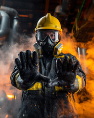 Obraz premium industrial worker, wearing long black PVC chemical resistant gloves, hands extended forward clearly showing the gloves
