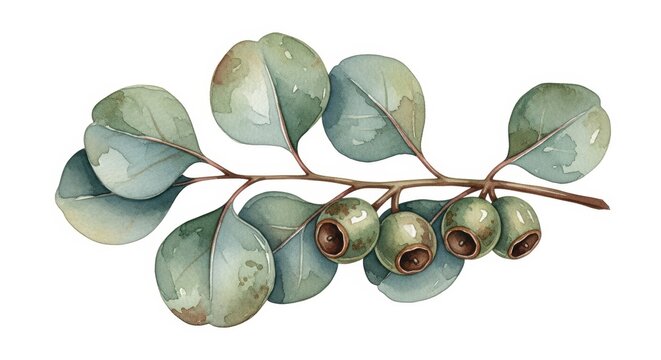 Watercolor eucalyptus branch with silver dollar leaves and gum nuts, botanical sage green foliage illustration, elegant hand painted floral element isolated PNG with Transparent Background