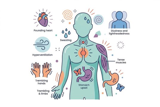 Illustrative representation of physiological responses in the human body depicting symptoms of anxiety including heart palpitations breathlessness and gastrointestinal discomfort