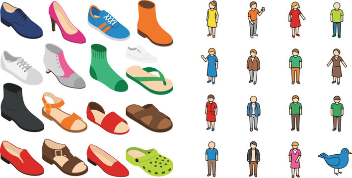 Large isometric vector collection of various shoes including sneakers heels boots and sandals alongside small casual people characters for fashion lifestyle and community design projects,