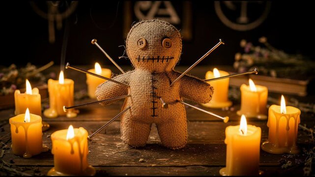 Spooky voodoo doll with pins surrounded by burning candles on wooden table for Halloween ritual