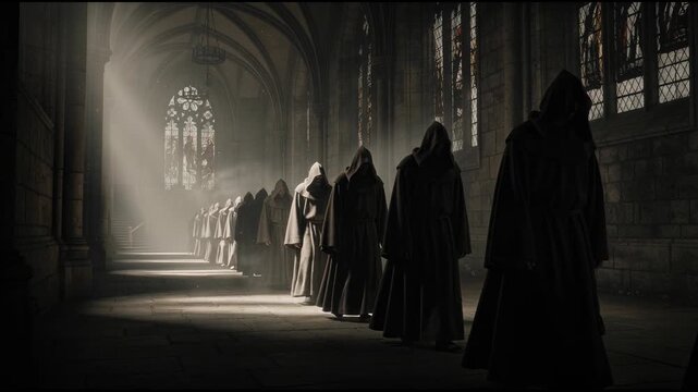 Mysterious monks walking in ancient cathedral with sunlight streaming through stained glass windows
