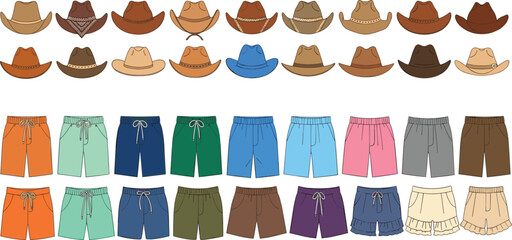 Large vector illustration set featuring various colorful swim trunks and classic cowboy hats for summer vacation beach wear and western fashion design © mstLilima