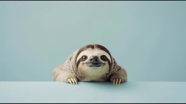 Cute smiling sloth laying on light blue surface with soft background adorable animal portrait